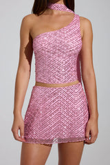 Embellished Asymmetric Scarf Detail Top in Pink