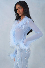Feather Trim Sheer Top in Soft Blue