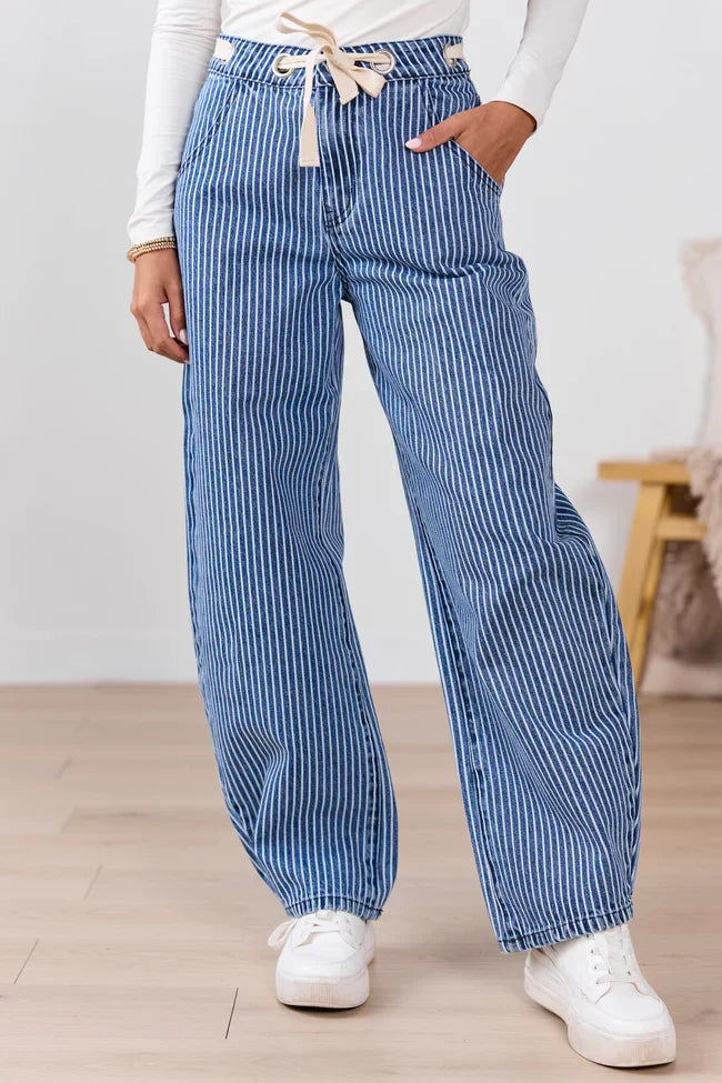 Olivia Navy Pinstripe Barrel Jeans SALE