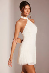 Embellished Asymmetric Neck A Line Mini Dress in White