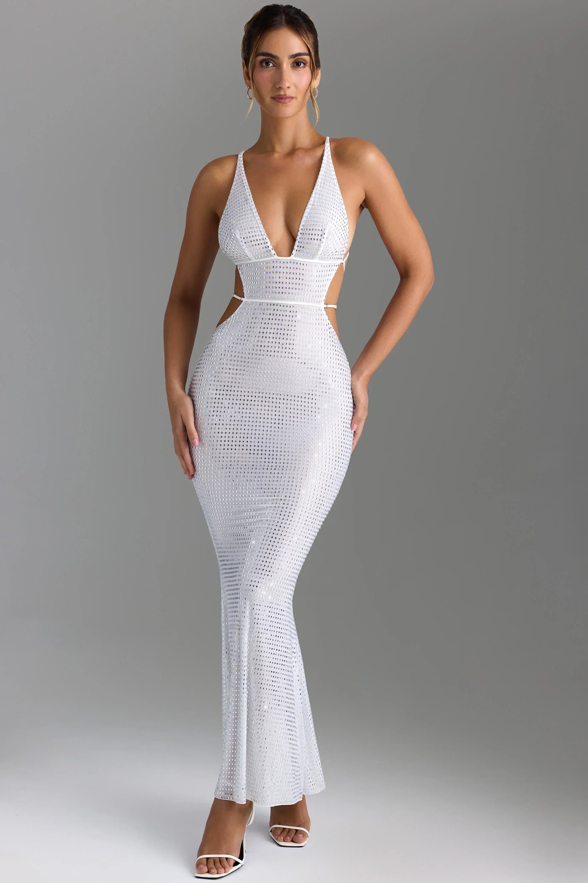 Embellished Cut Out Backless Maxi Dress in White