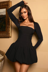 Long Sleeve Bubble Hem Mini Dress in Black