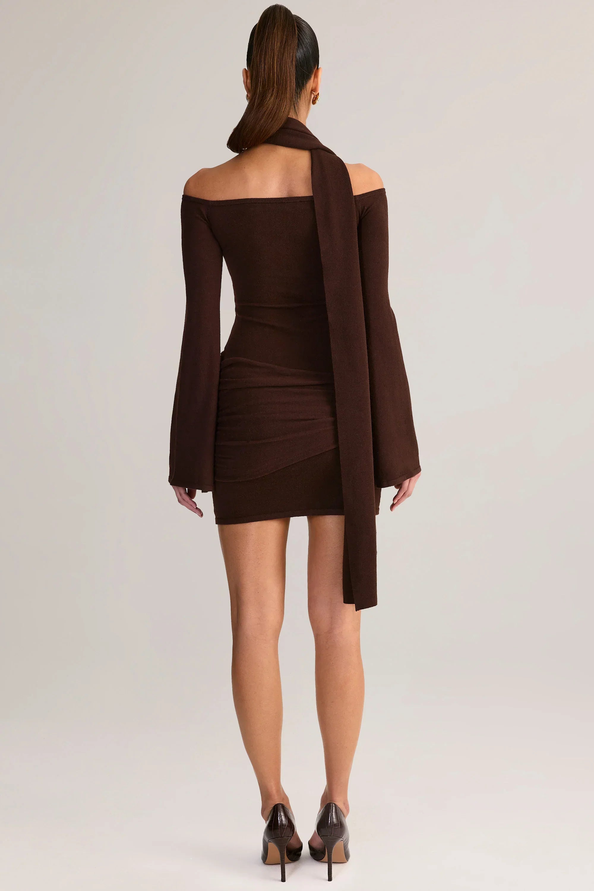 Knit Scarf Detail Off Shoulder Mini Dress in Chocolate Brown