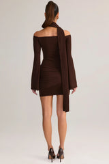 Knit Scarf Detail Off Shoulder Mini Dress in Chocolate Brown