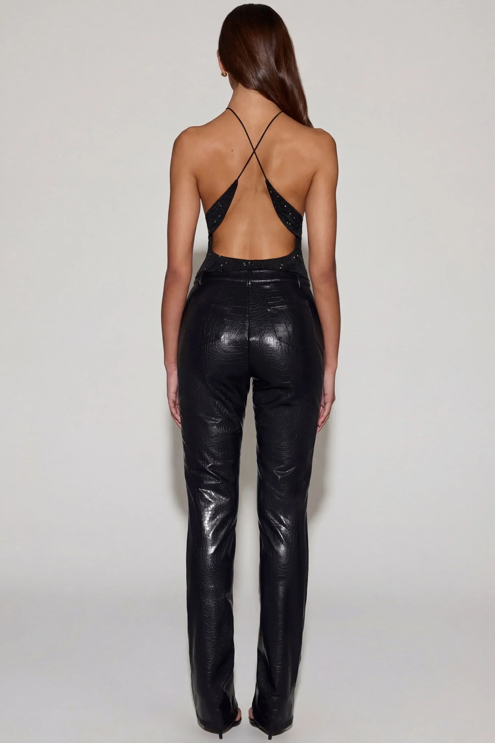 Faux Croc Leather Straight Leg Trousers in Black