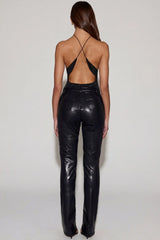 Faux Croc Leather Straight Leg Trousers in Black