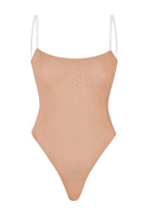 Soft Mesh Invisible Strap Thong Bodysuit in Warm Peach