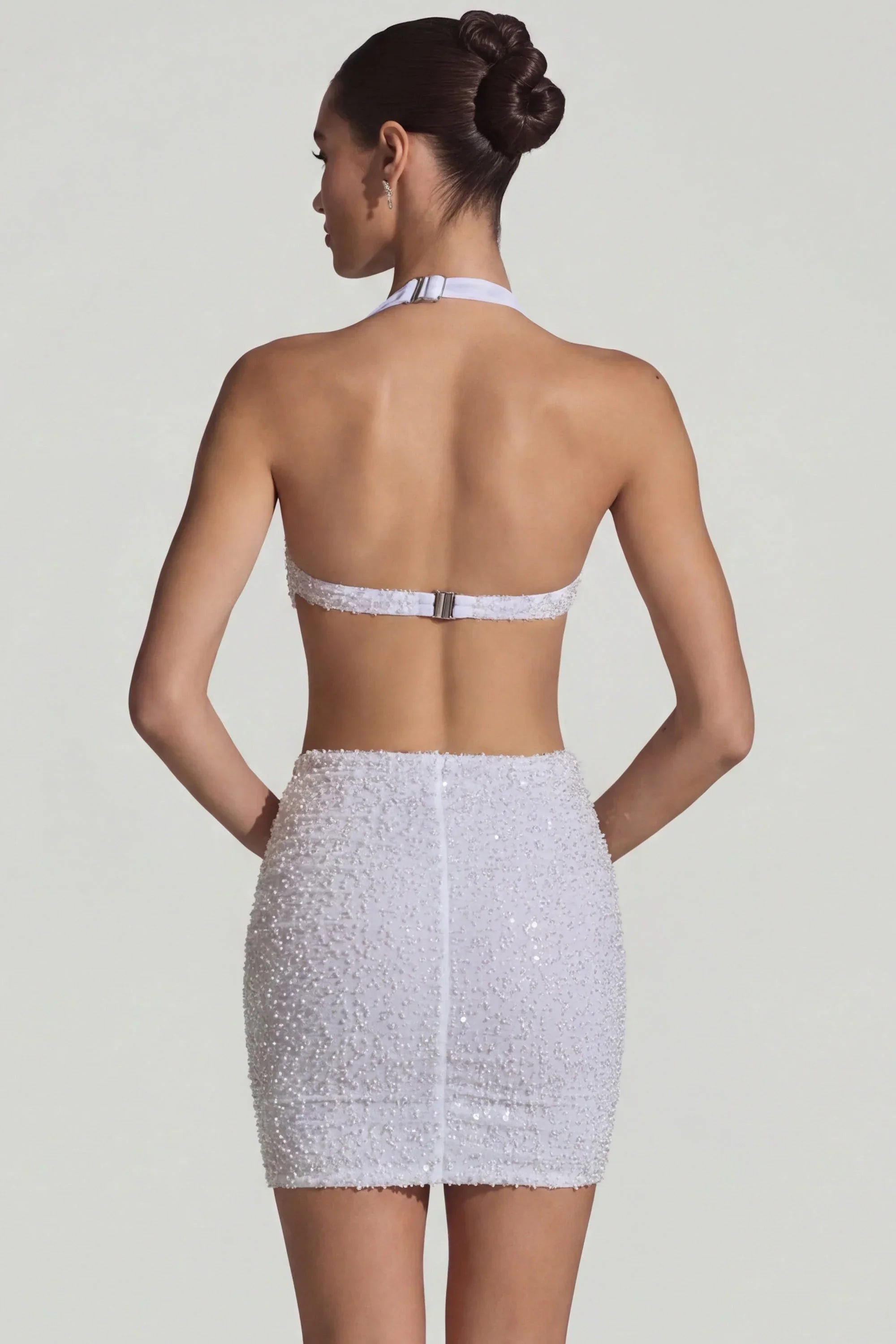 Embellished Cut Out Halterneck Mini Dress in White