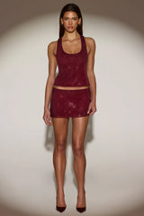 Embellished Mid Rise A Line Mini Skirt in Burgundy