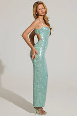 Embellished Cowl Neck Maxi Dress in Aqua Blue