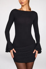 Ribbed Modal Long Sleeve Draped Mini Dress in Black