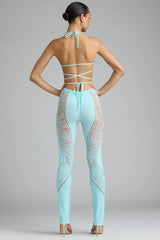 Petite Embellished Mid Rise Flared Trousers in Ice Blue