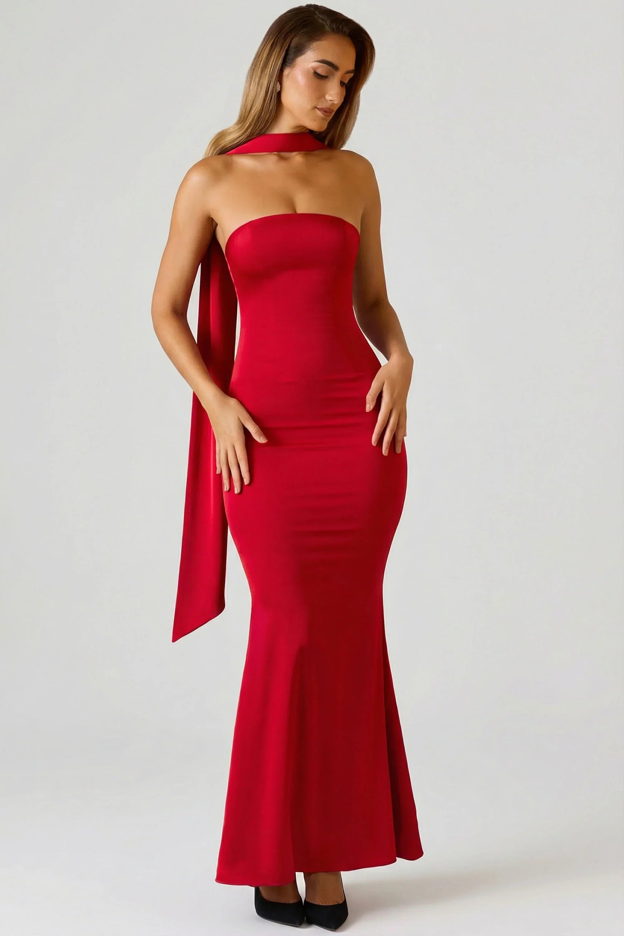 Scarf Detail Strapless Gown in Scarlet Red