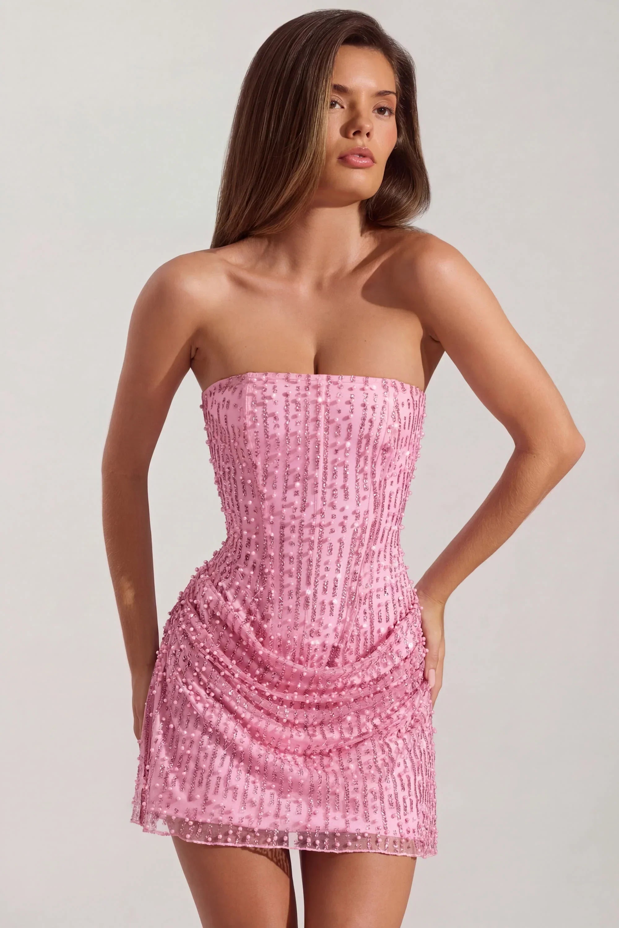 Embellished Draped Strapless A Line Mini Dress in Pink