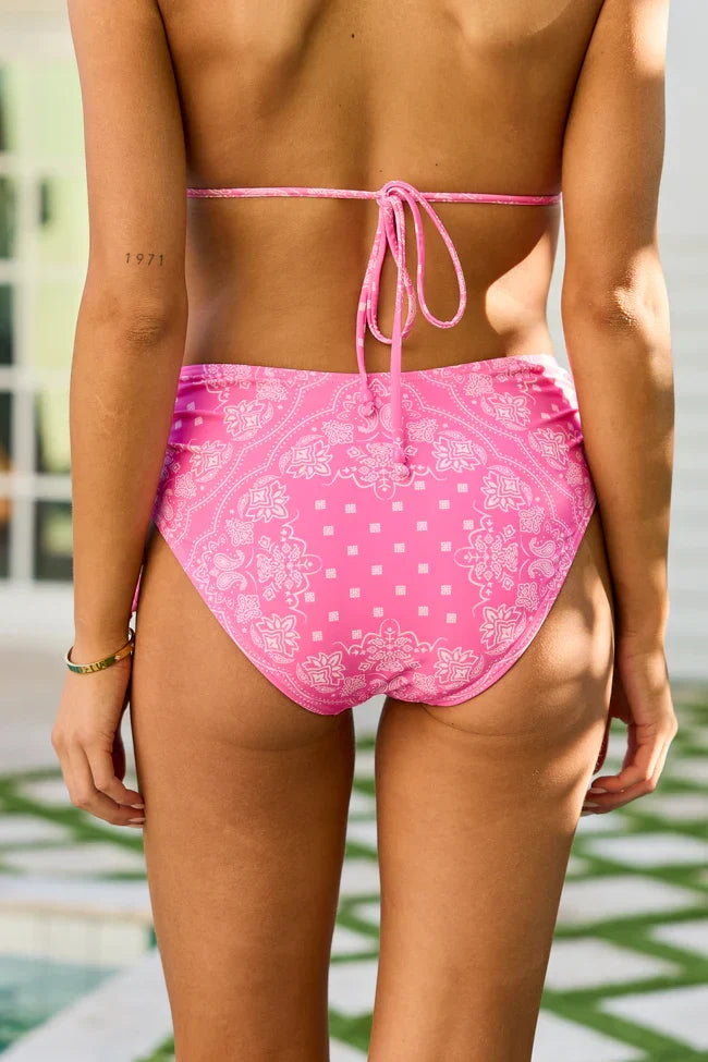 Beachside Bliss Pink Bandana High Waisted Cinched Bikini Bottom