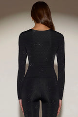 Embellished Crew Neck Long Sleeve Top in Black