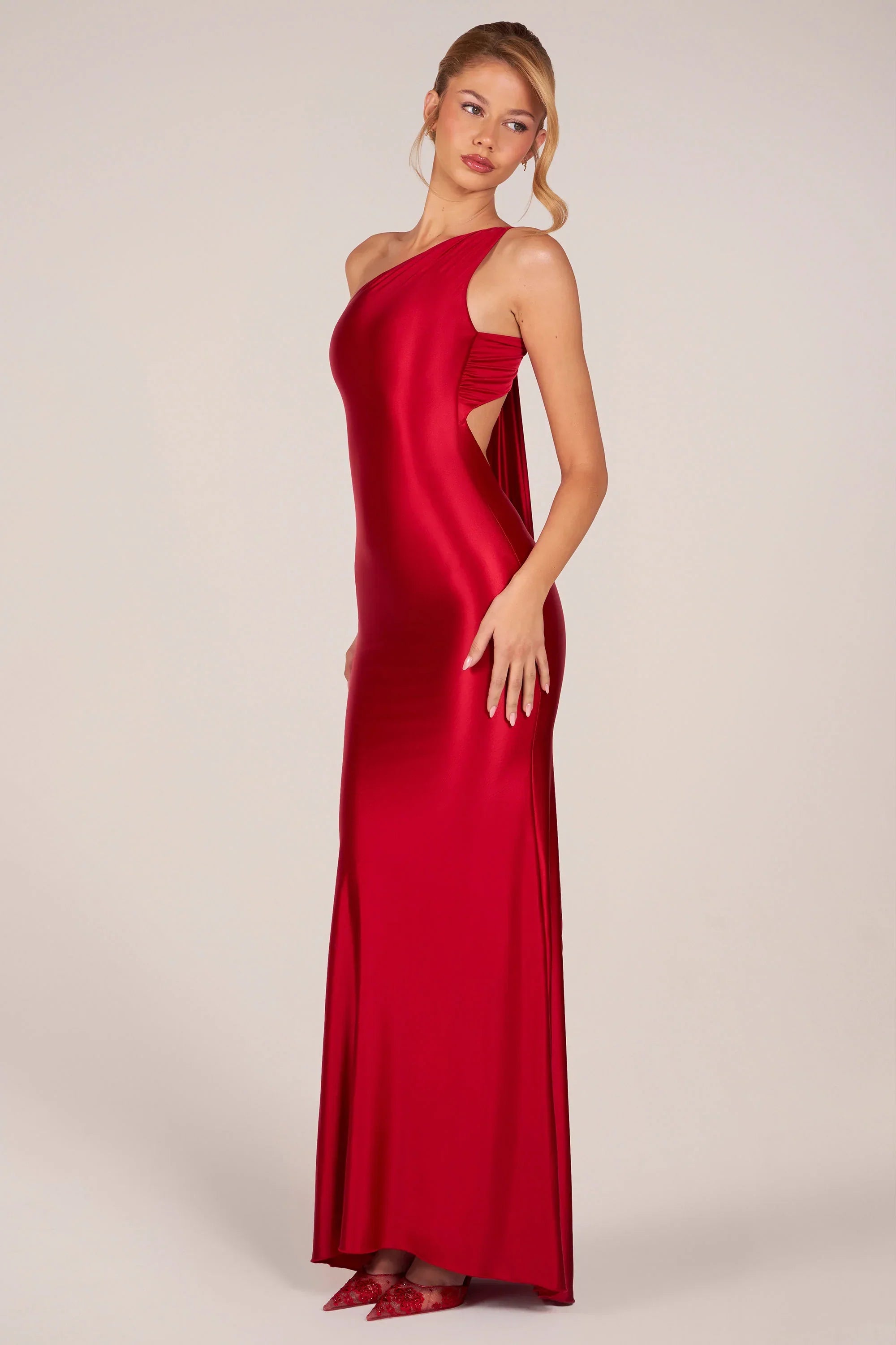 Asymmetric Tie Back Gown in Cherry