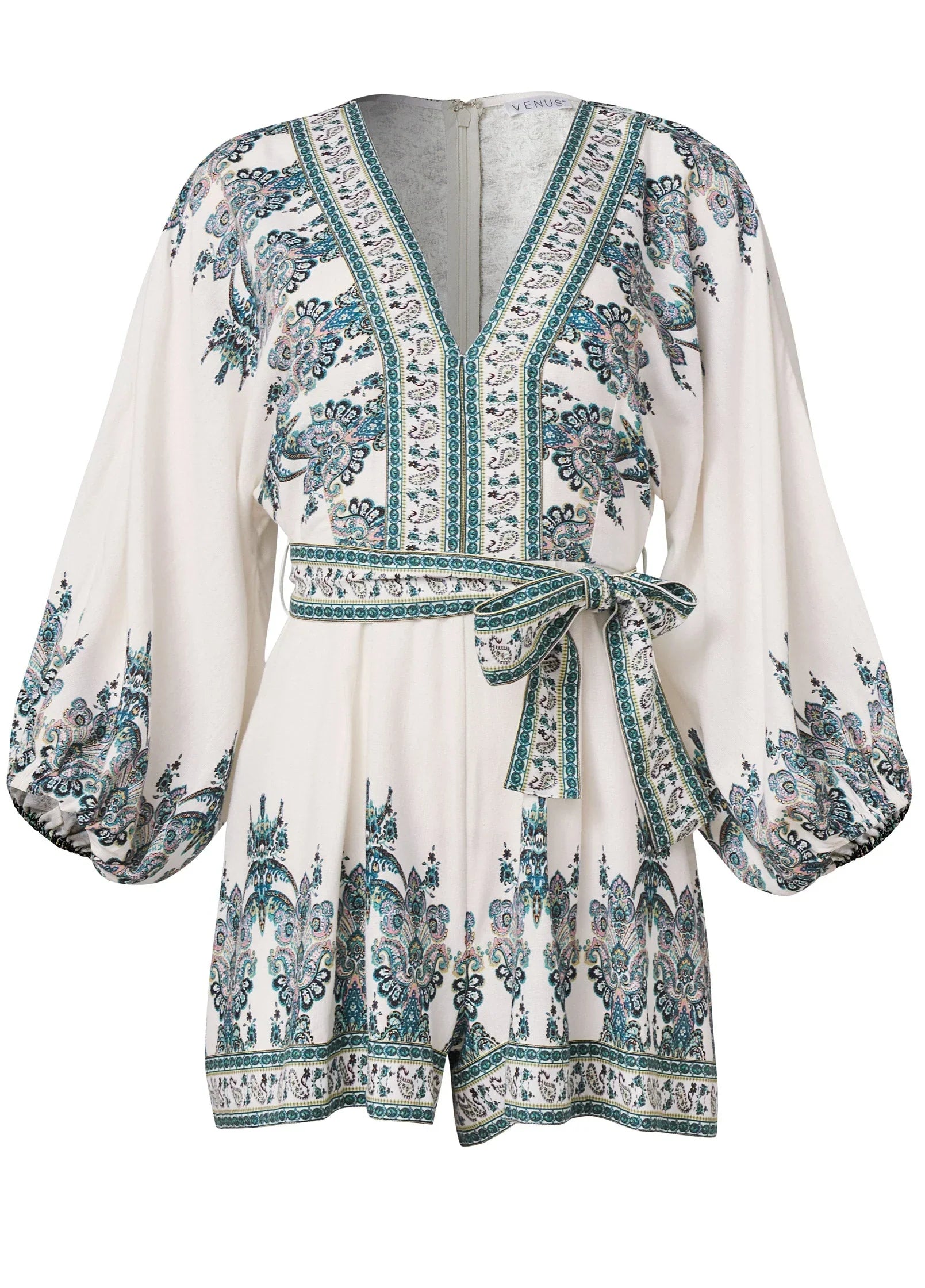 Paisley Print Linen Romper White Multi