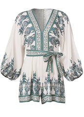 Paisley Print Linen Romper White Multi