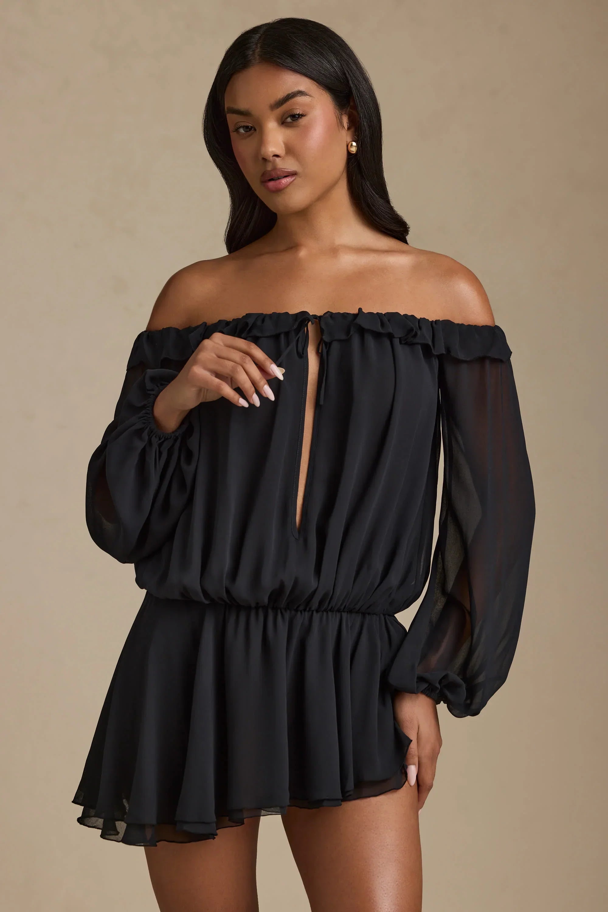 Off Shoulder Asymmetric Balloon Sleeve Mini Dress in Black