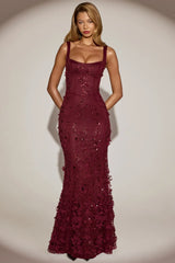Embellished Appliqué Soft Scoop Corset Gown in Wine Red