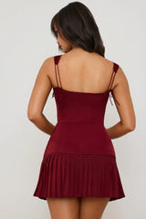 Bow Detail Lace Up Corset Mini Dress in Berry Red
