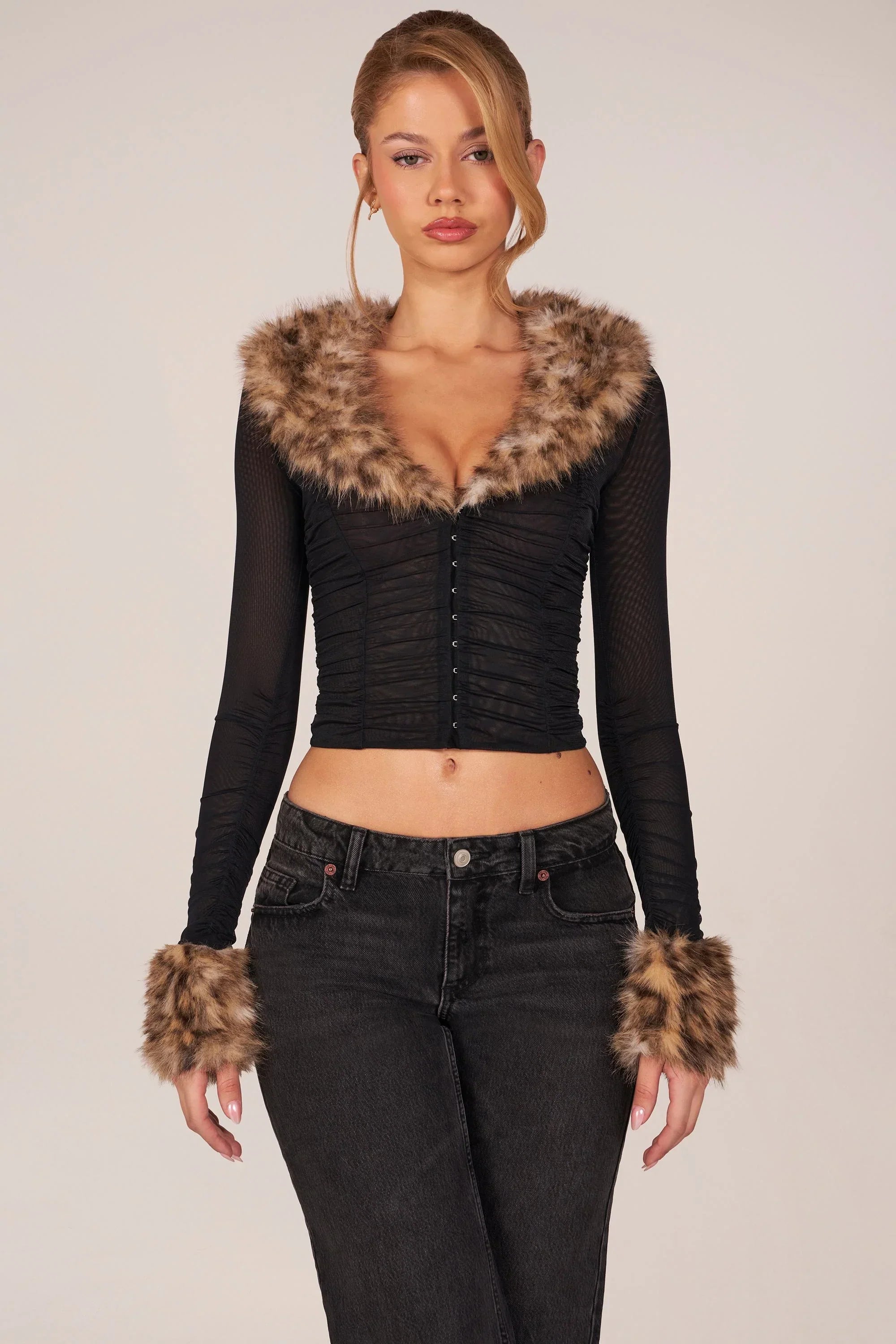 Faux Fur Trim Sheer Mesh Cardigan in Black