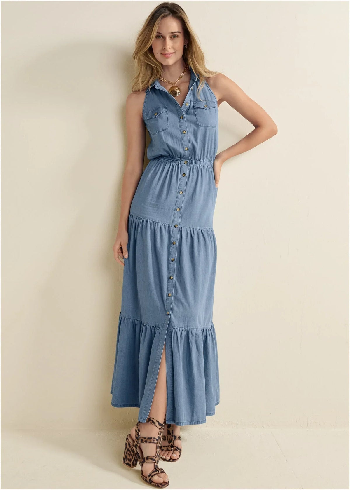 Chambray Tiered Maxi Dress Medium Wash