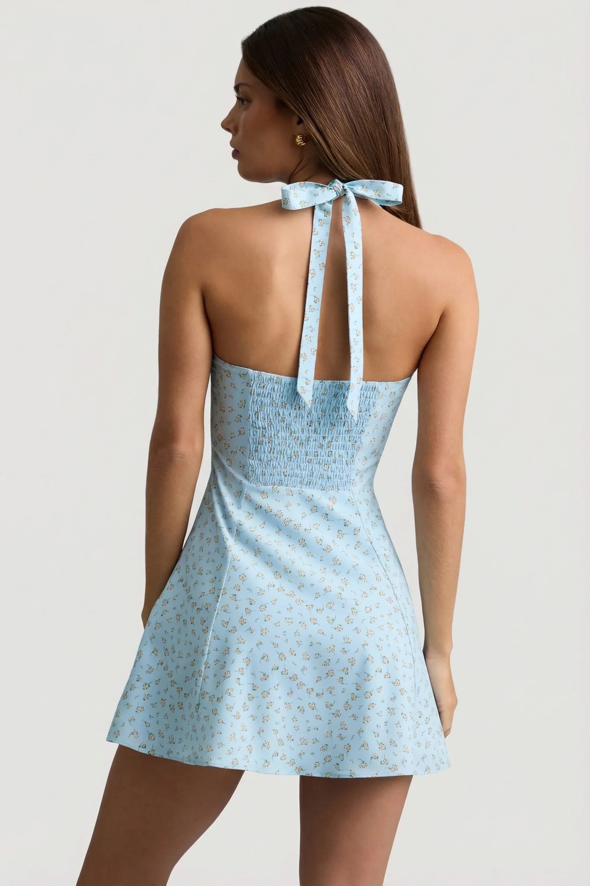 Halterneck A Line Mini Dress in Blue Flower Print