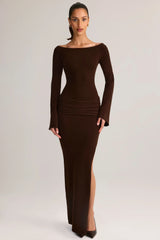 Rib Knit Boat Neck Long Sleeve Maxi Dress in Chocolate Brown