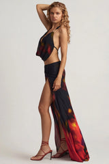 Mid Rise Split Maxi Skirt in Red Blurred Print
