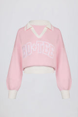 Cotton Jersey Oversized V Neck Jumper in Powder Pink