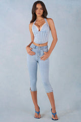 Mid Rise Denim Capri Jeans in Light Denim