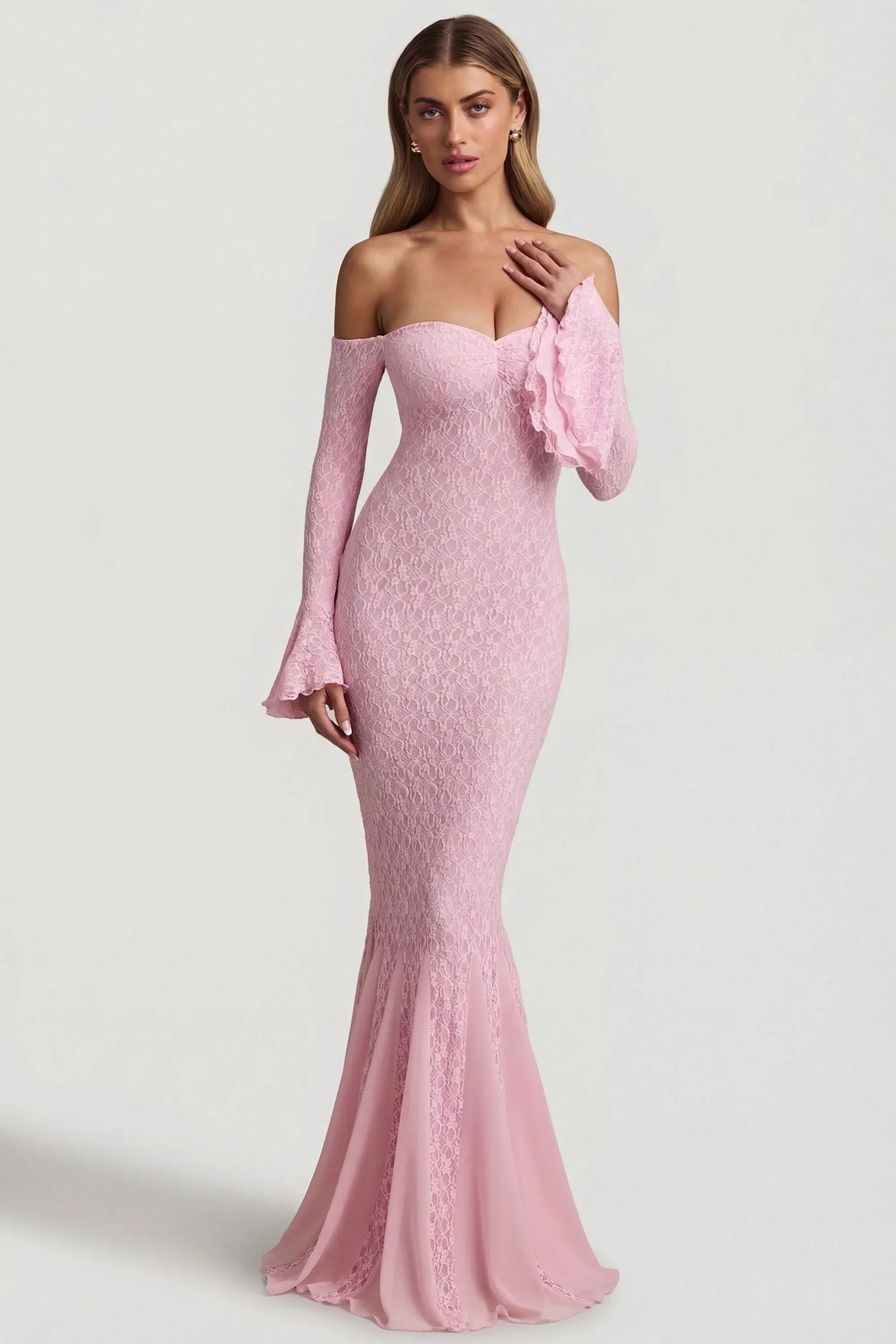 Off Shoulder Ruffle Lace Maxi Dress in Soft Pink