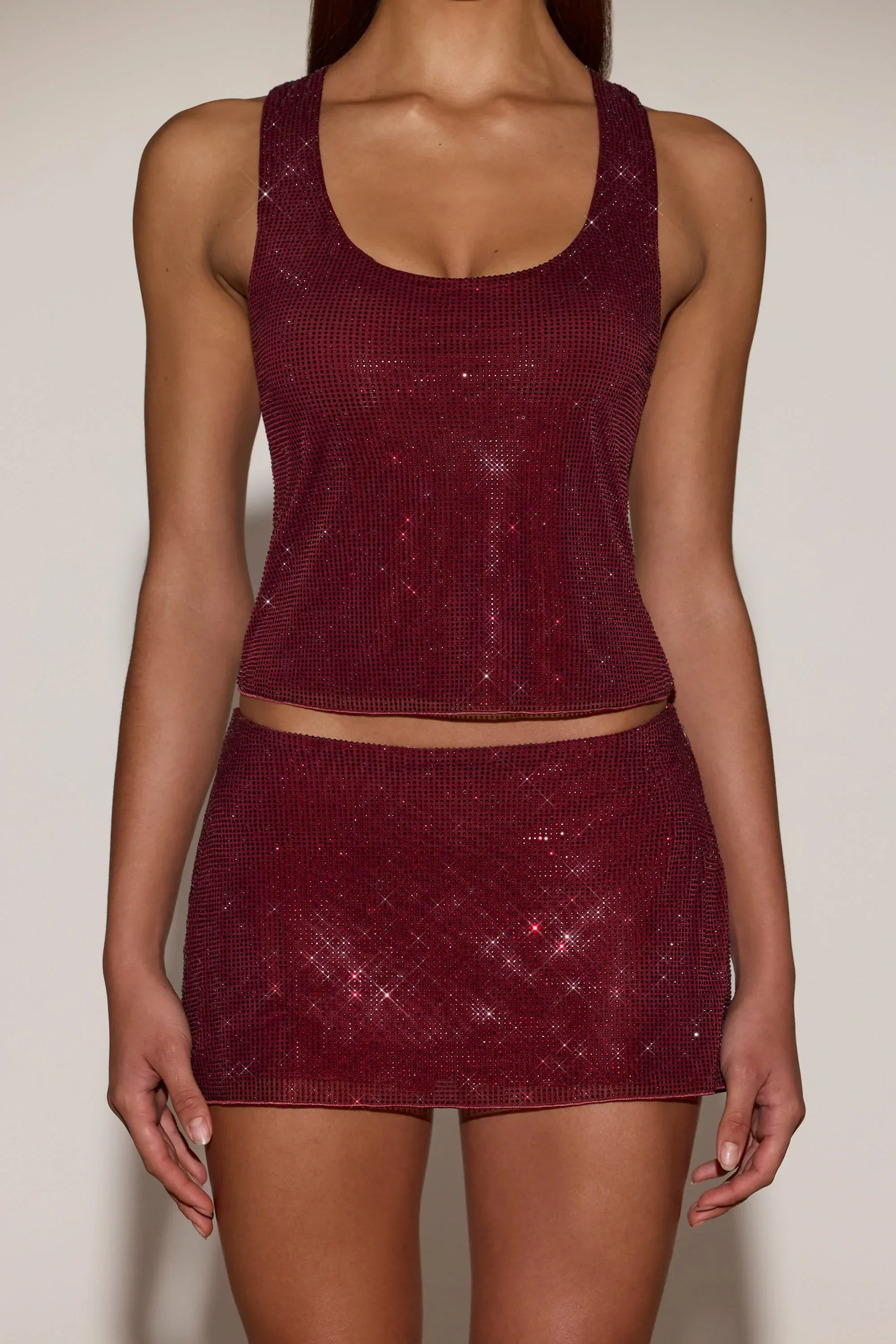 Embellished Jersey Scoop Neck Racerback Top in Burgundy