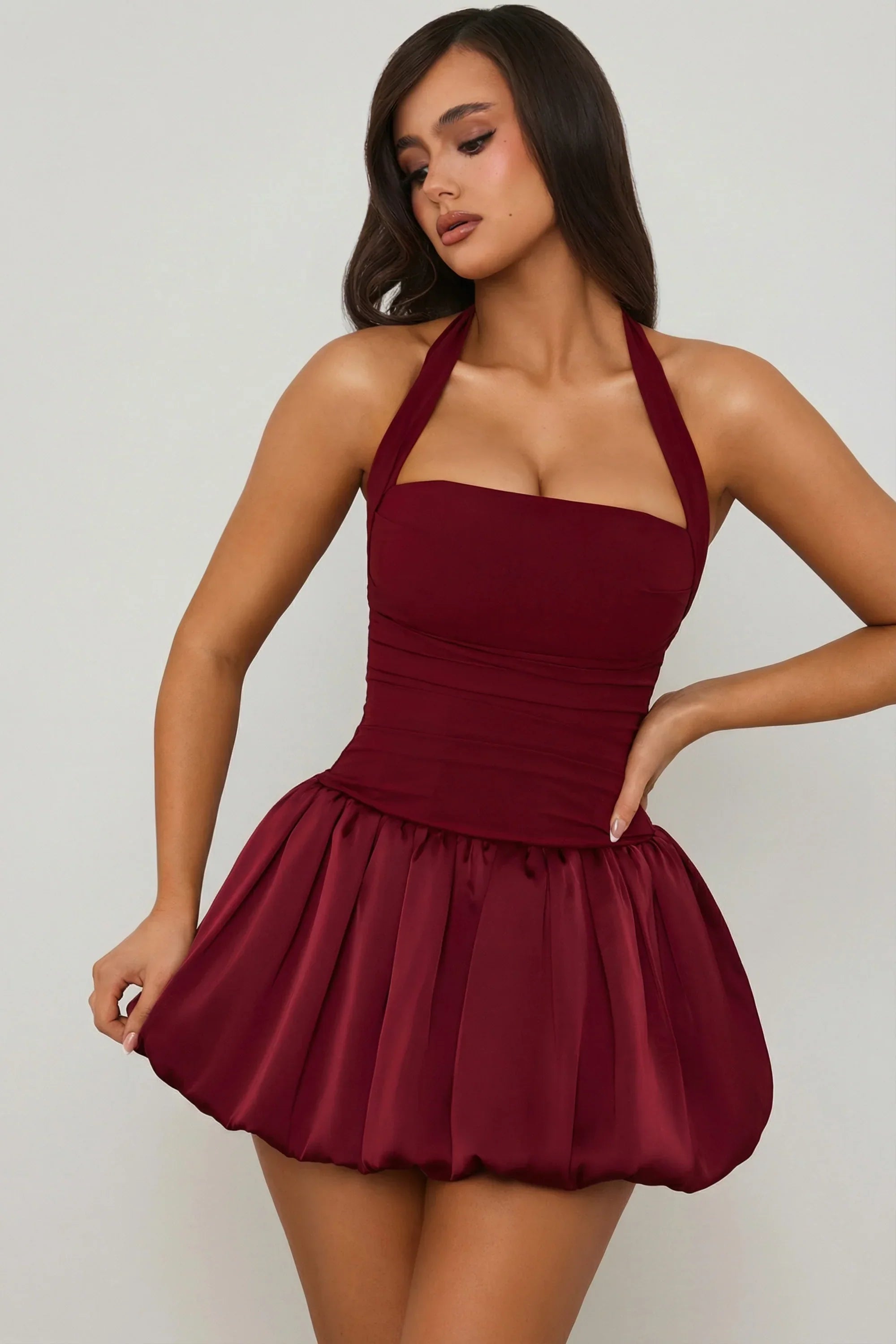 Halterneck Lace Up Bubble Hem Corset Micro Mini Dress in Berry Red