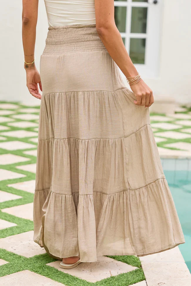 Giselle Taupe Smocked Waist Maxi Skirt