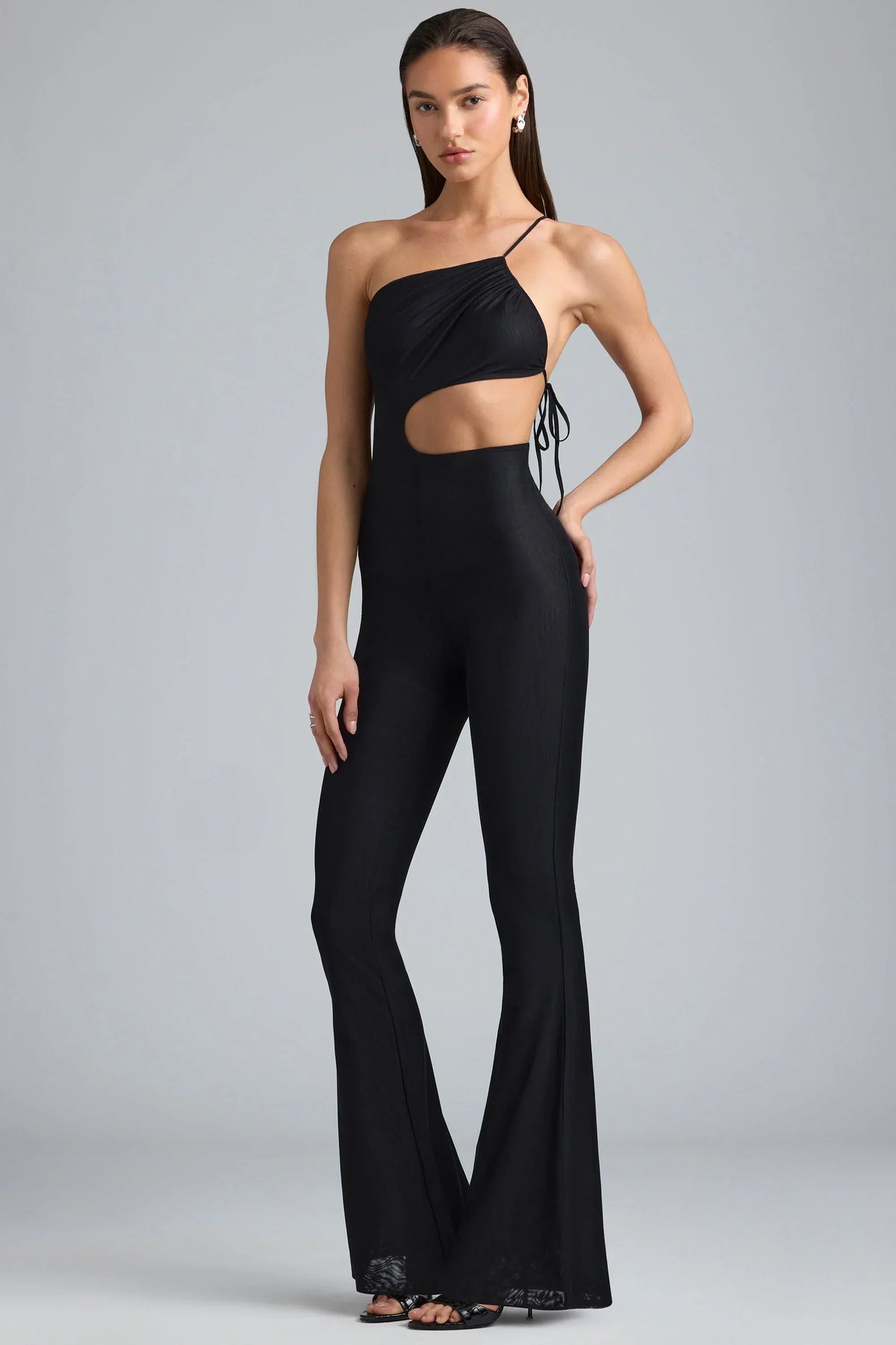 Metallic Ruched Cut Out Flared Jumpsuit in Black