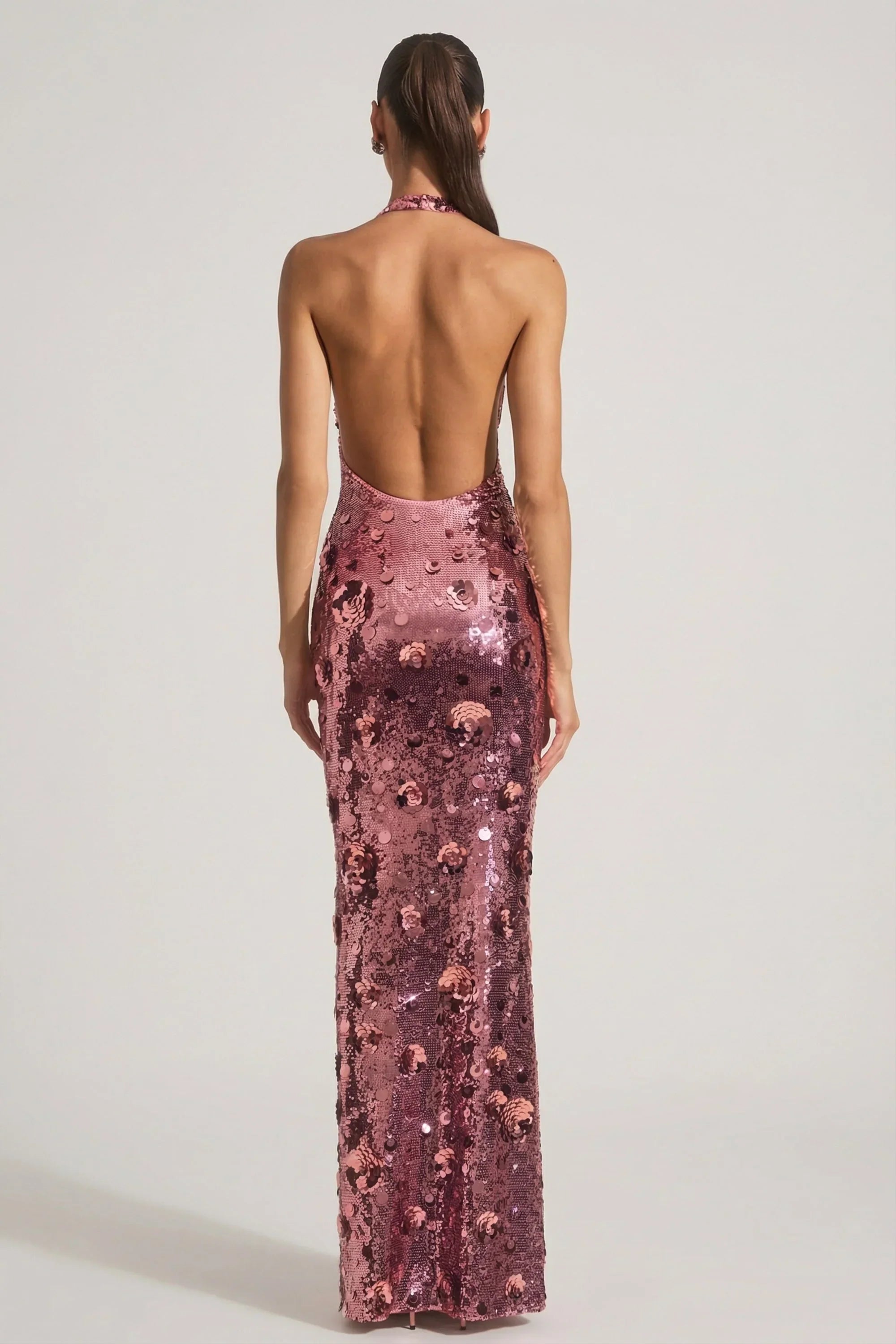 Sequin Embellished Halterneck Maxi Dress in Pink