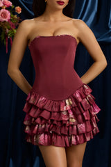 Strapless Ruffled Tiered Corset Mini Dress in Maroon Floral Print