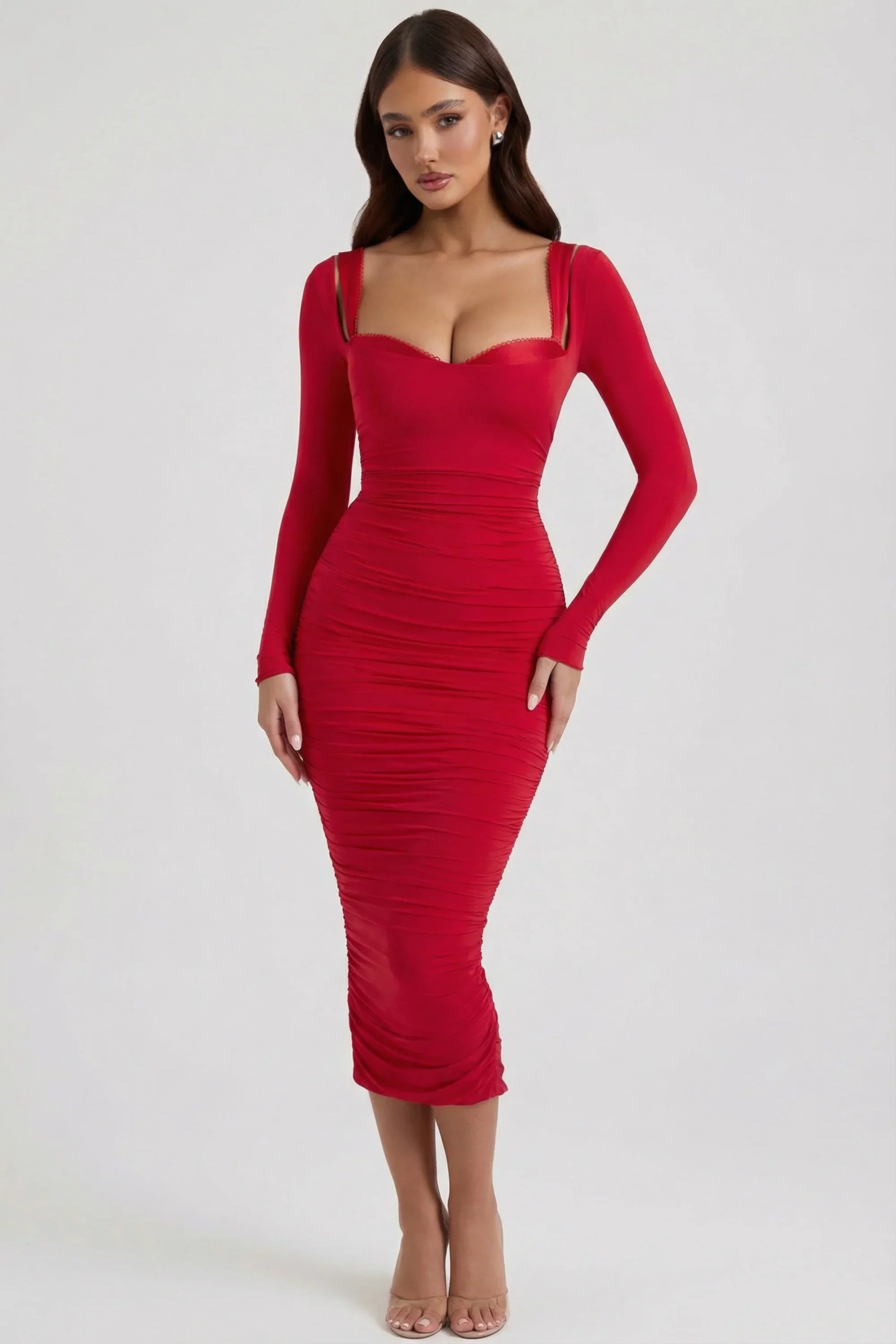 Layered Bra Detail Ruched Midaxi Dress in Red