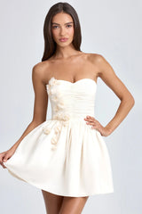 Bandeau Floral Appliqué Corset Mini Dress in Ivory
