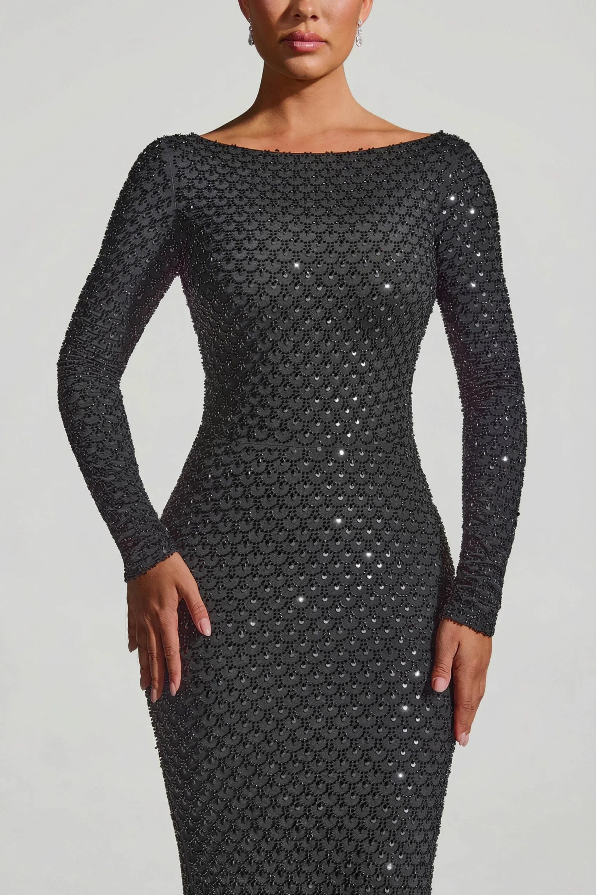 Embellished Open Back Gown in Black
