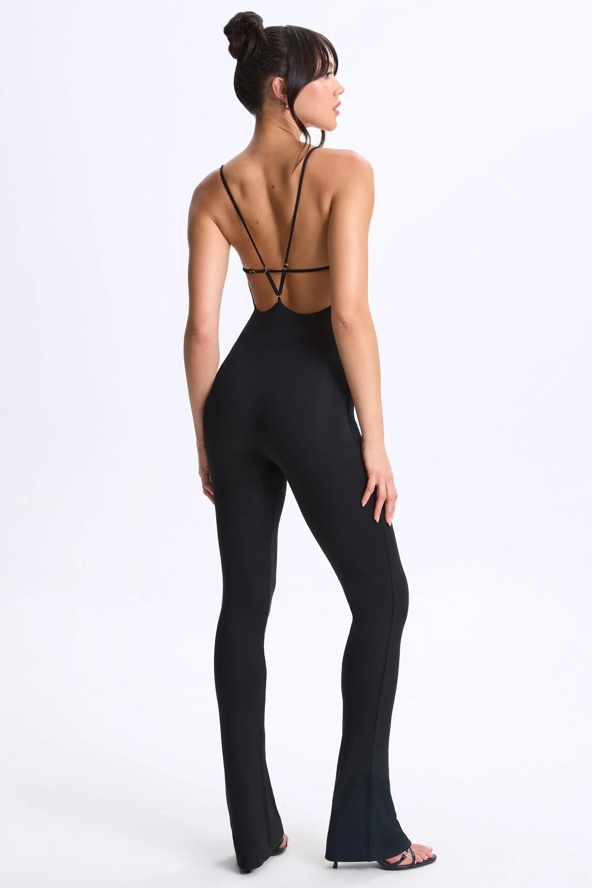 Modal Plunge Open Back Flared Jumpsuit in Black