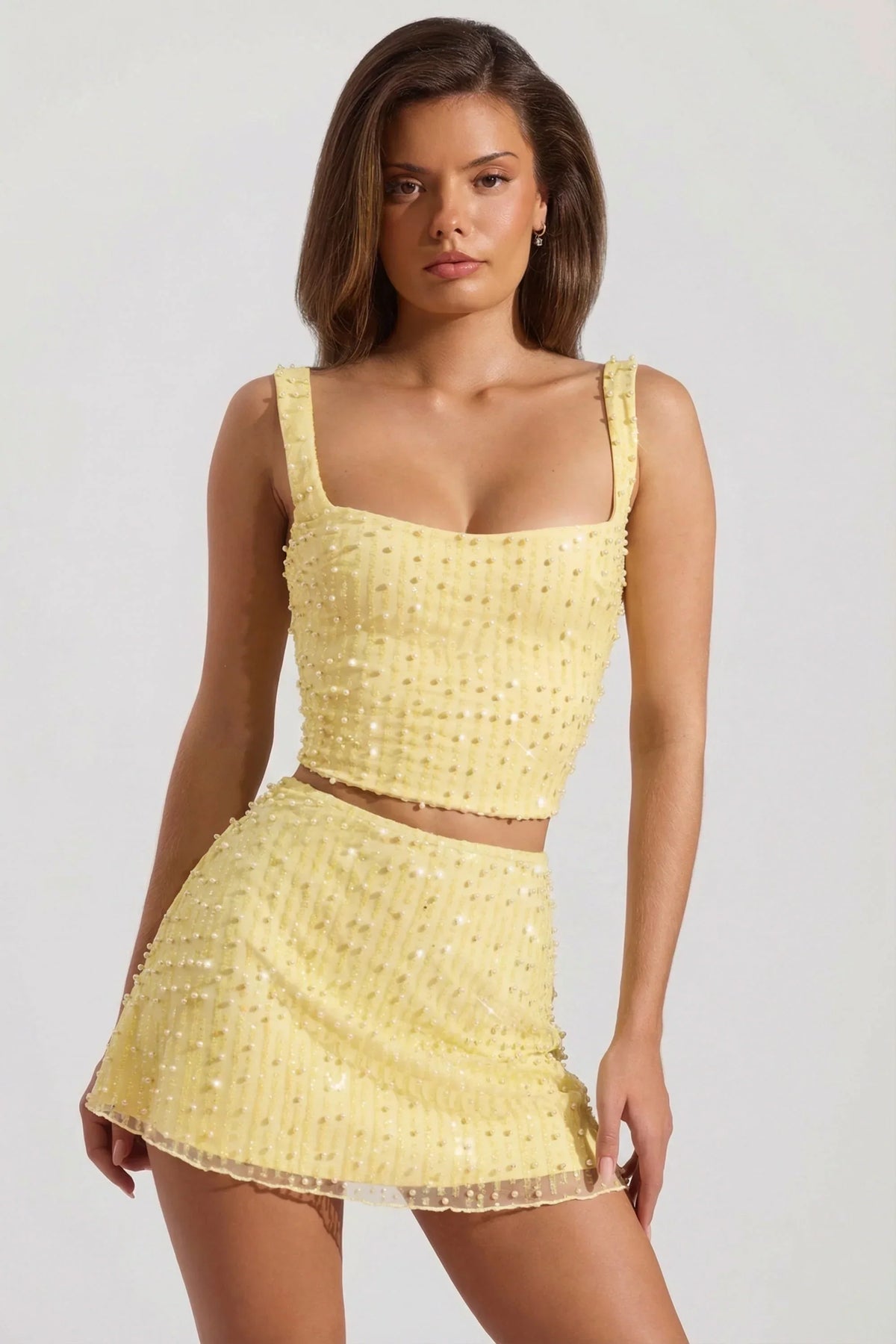Embellished Low Rise Mini Skirt in Yellow
