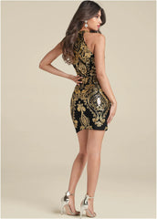 Embroidered Sequin Mini Dress Black Gold