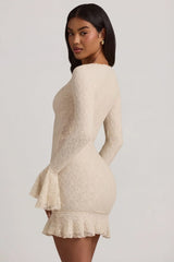 Long Sleeve Ruffled Lace Mini Dress in Ivory