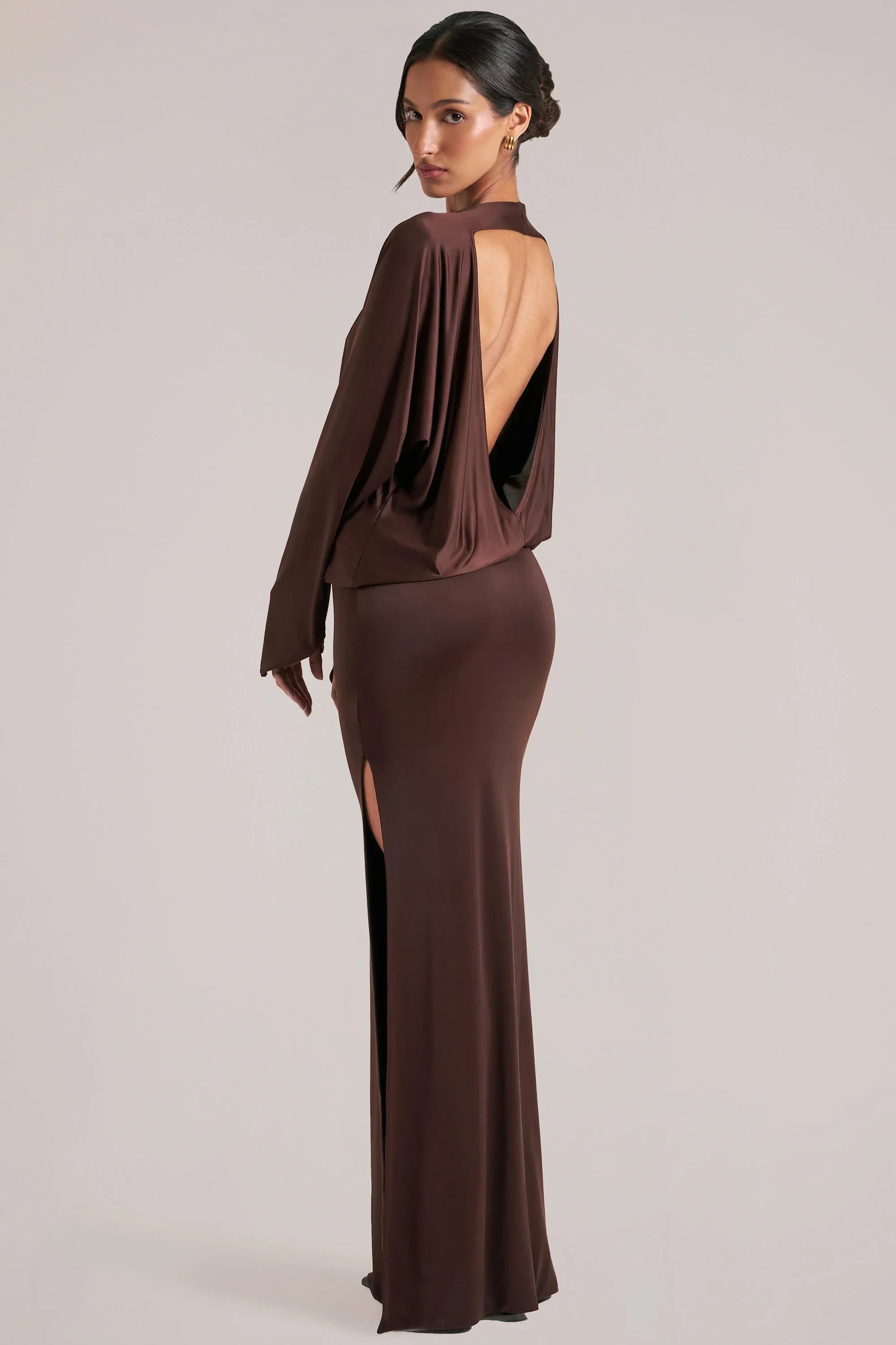 Long Sleeve Draped Maxi Dress in Chocolate Brown
