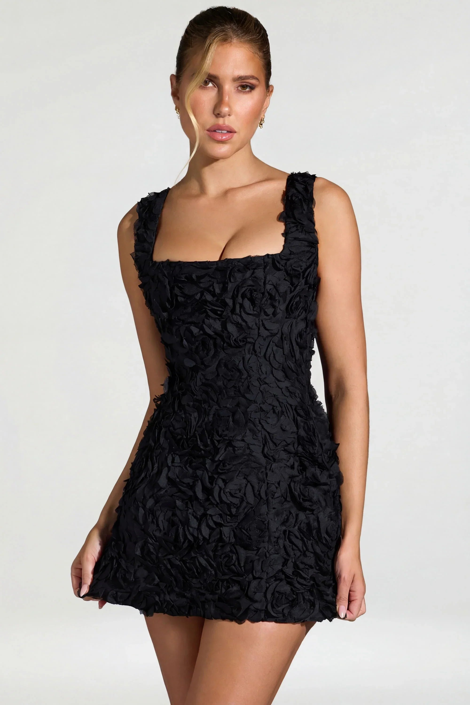 Floral Appliqué Square Neck Corset Mini Dress in Black