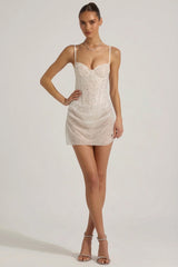 Semi Sheer Embellished Draped Corset Mini Dress in White